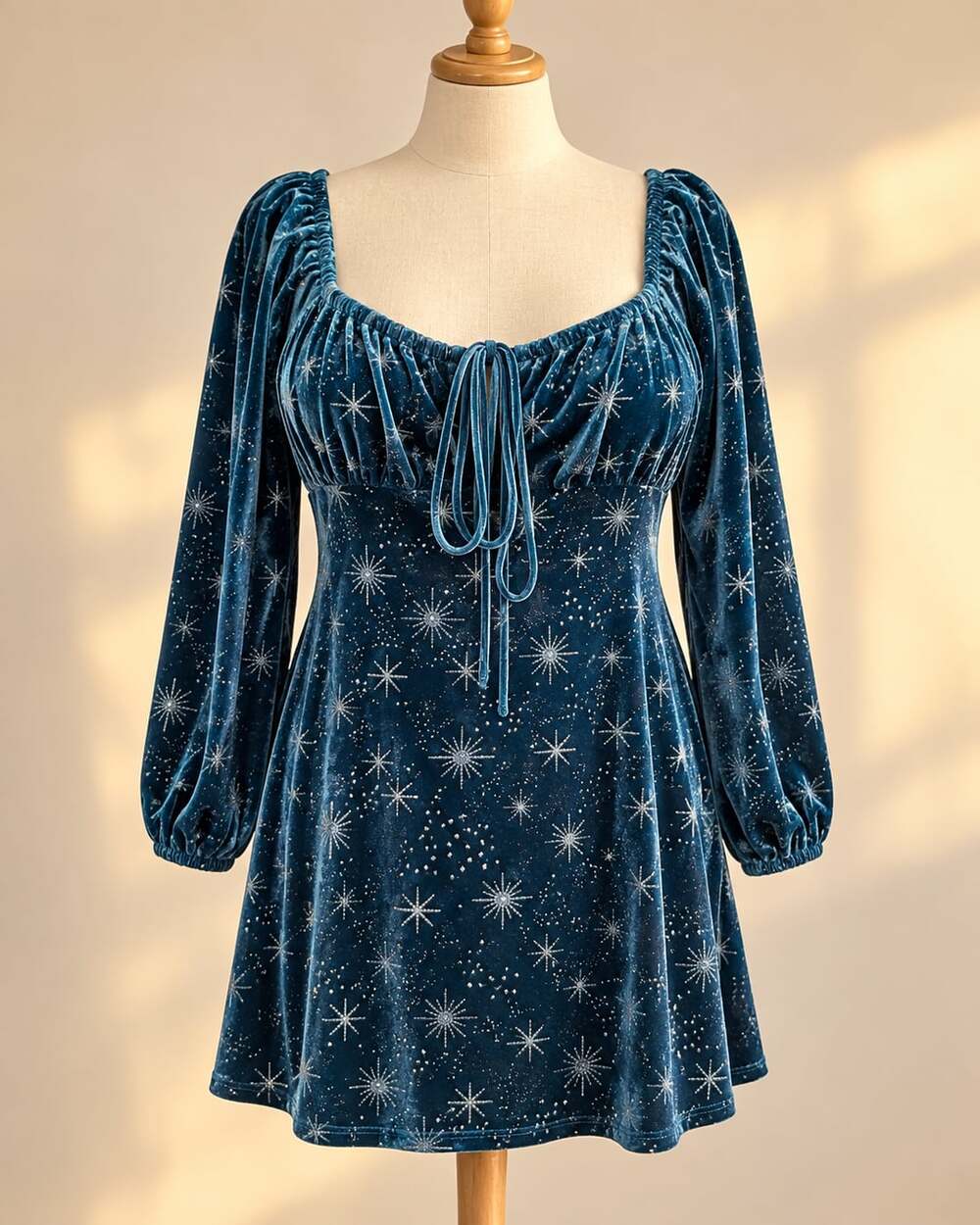 Cider 1XL Teal Velvet Celestial Star Mini Dress Whimsigoth Witchy Fairycore